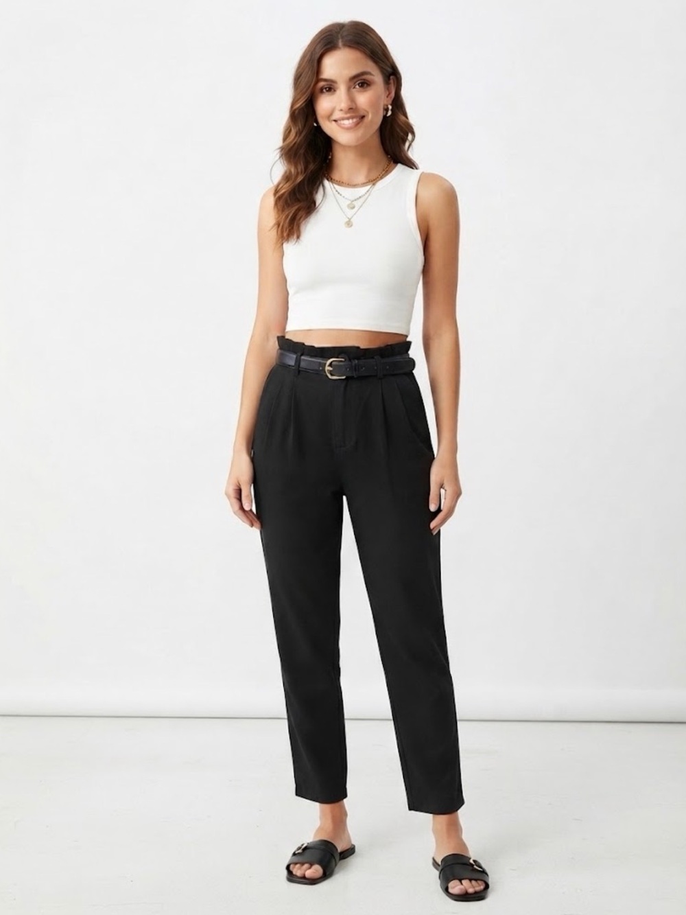 Zara Linen blend Black High-Rise Paperbag Trousers